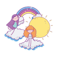 happy valentines day, rainbow sunny day clouds and cute cupids