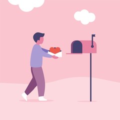 Love letters concept for Valentine's Day. Man send or get mail with mailbox