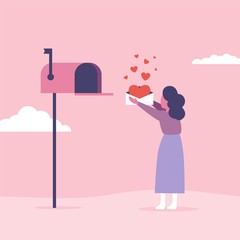Love letters concept for Valentine's Day. Woman send or get mail with mailbox
