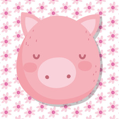 Obraz na płótnie Canvas cute face pig farm animal cartoon flowers background