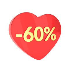 Gold 60 percent Valentine's Day discount sale promotion. 60% discount in red heart isolated on white background