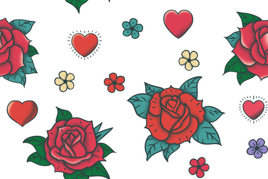 Hand drawn floral seamless pattern with bif roses. Imitation of old tattoo style.