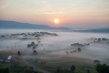 Beautiful of the mountain in the fog at khao takhian ngo view point, khao kho Phetchabun Thailand.