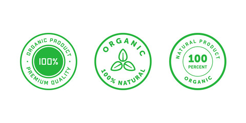 Set of organic 100 percent natural product circle badges. Design element for packaging design and promotional material. Vector illustration.