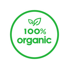 Organic 100 percent green circle sticker with leaf. Design element for packaging design and promotional material. Vector illustration.