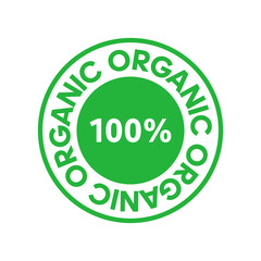 Organic 100 percent green circle sticker. Design element for packaging design and promotional material. Vector illustration.
