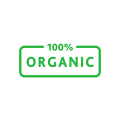 Organic 100 percent green rounded rectangle sticker. Design element for packaging design and promotional material. Vector illustration.