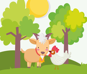 goat and rooster trees sun grass farm animal cartoon