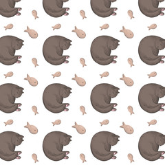 Digital illustration a cute patterned texture beige and gray cat and its toys, feed, house. Print for stickers, covers, wrapping paper, fabrics, paper products, postcards.