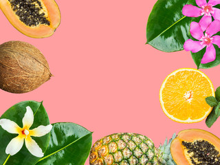 Cut in halved ripe juicy papayas orange slice mint coconut pineapple fuchsia flowers green palm leaves on cherry pink background. Tropical fruits summer vacation fun concept
