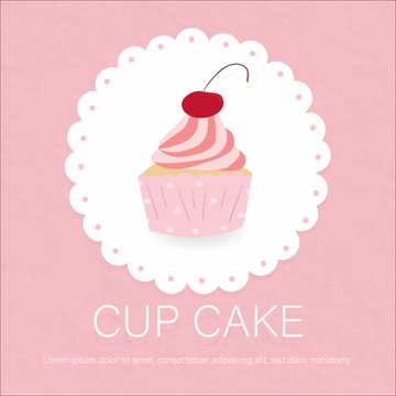 sweet cupcake on lace pink paper background.picture for bakery product food lover full of cream and cherry looks so yummy and delicious label.