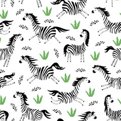 Fototapeta na wymiar Cute zebra and green tropical leaves seamless pattern. African animal cartoon character. Vector illustration.