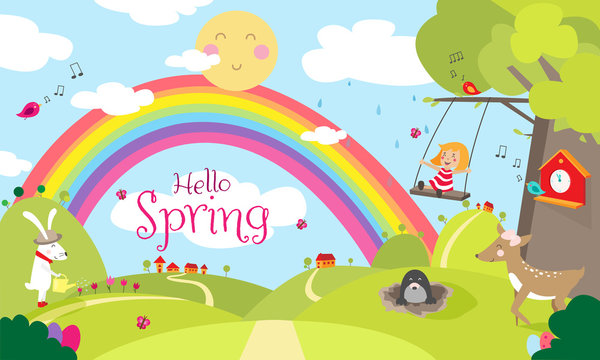 Hello Spring - Frühlingsgrafik, Süße Tiere bei der Gartenarbeit