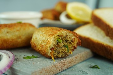 Bread Meat rolls - Deep fried snack with leftover breads, selective focus