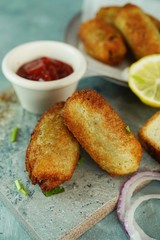 Bread Meat rolls - Deep fried snack with leftover breads, selective focus