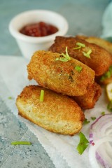 Bread Meat rolls - Deep fried snack with leftover breads, selective focus