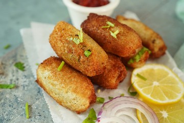 Bread Meat rolls - Deep fried snack with leftover breads, selective focus