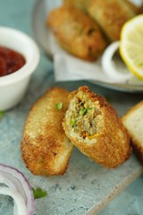 Bread Meat rolls - Deep fried snack with leftover breads, selective focus