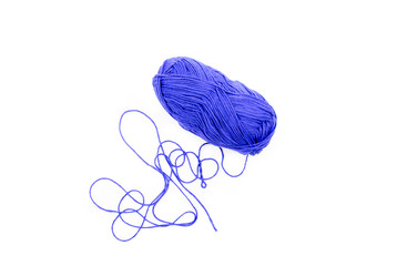 ball of blue tangled threads on a white background