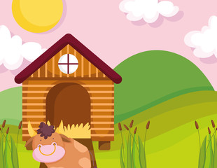 Obraz na płótnie Canvas house hen bull hills plants grass sun farm animal cartoon