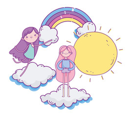 happy valentines day, cute girl and cupid in clouds rainbow sun