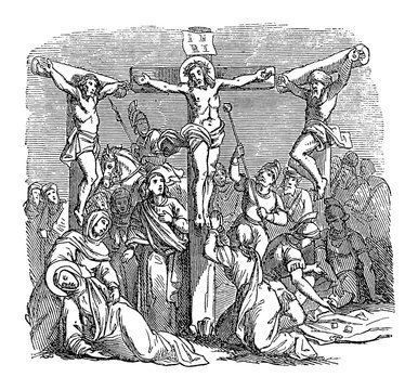 Antique vintage biblical religious engraving or drawing of crucified Jesus hanging on cross for during crucifixion with two criminals. Bible, New Testament,Luke 23. Biblische Geschichte , Germany 1859