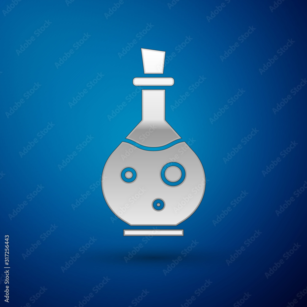 Poster silver glass bottle with magic elixir icon isolated on blue background. computer game asset. vector 
