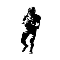 American football player running with ball, isolated vector silhouette. Ink drawing