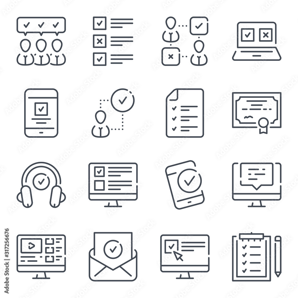 Poster e-learning related line icon set. online education and testing vector linear icons.