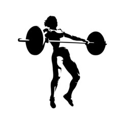 Weightlifting squats, strong woman litfs big barbell, isolated vector silhouette. Ink drawing