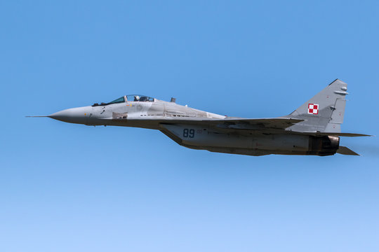 FLORENNES, BELGIUM - JUN 15, 2017: Polish Air Force MiG-29 Fulcrum fighter jet aircraft in flight.