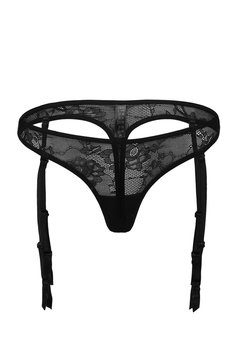 Subject shot of a black lace garter panties with flower pattern. The stylish piece of clothing is isolated on the white background.
