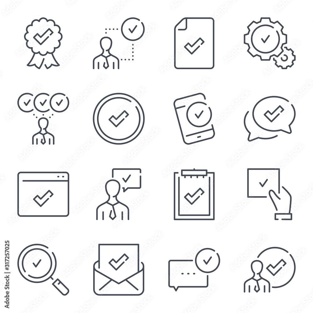 Poster quality related line icon set. сompliance with requirements linear icon collection. approve and chec