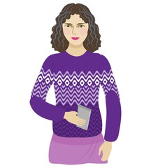 cute girl in a knitted purple sweater with a phone. avatar, poster.