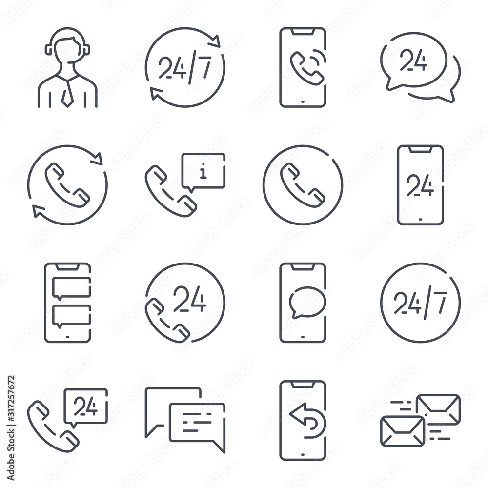 Poster support and call center related line icon set. telemarketing and sales linear icons. support service