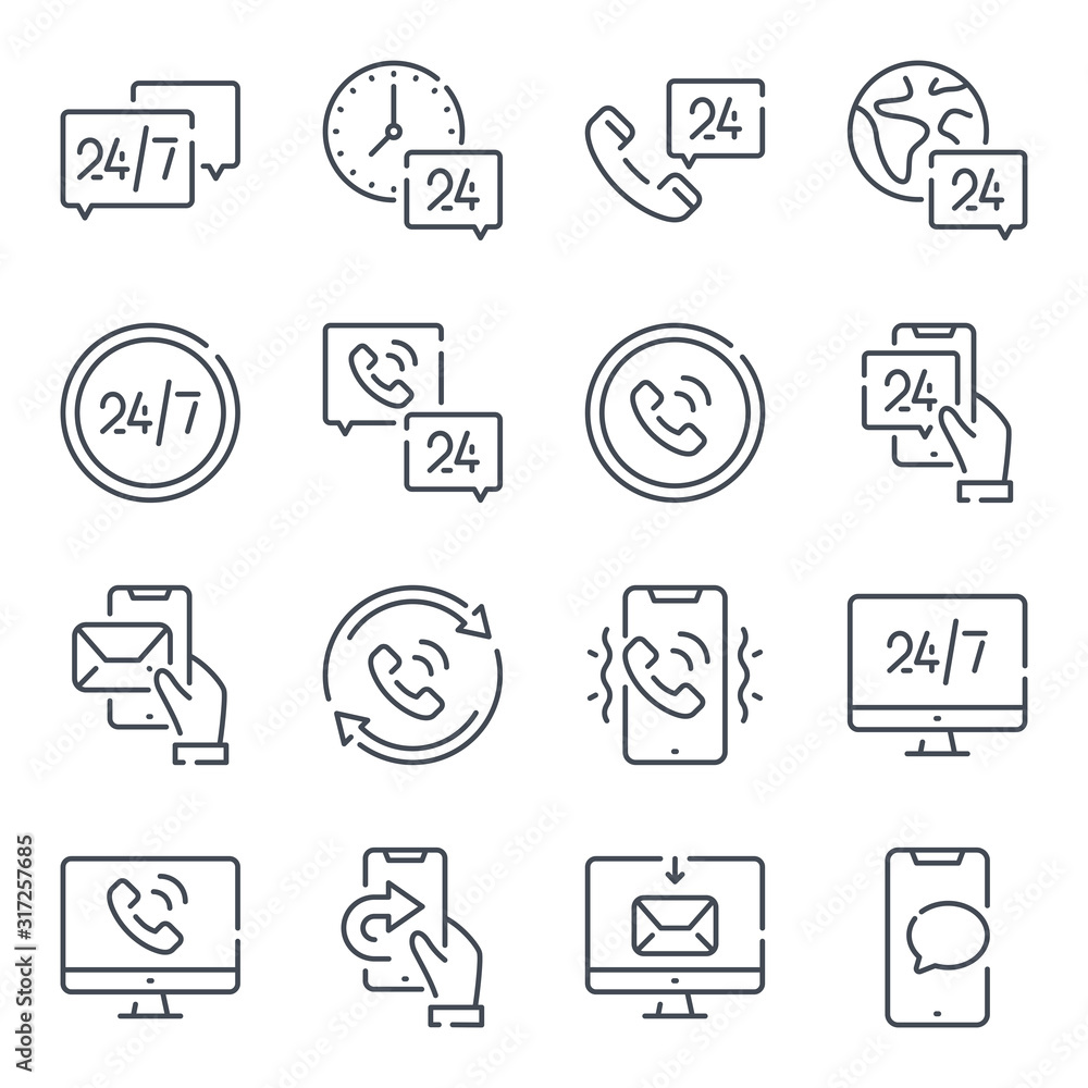Poster callback related line icon set. processing linear icons. call support and 24 hour service outline ve