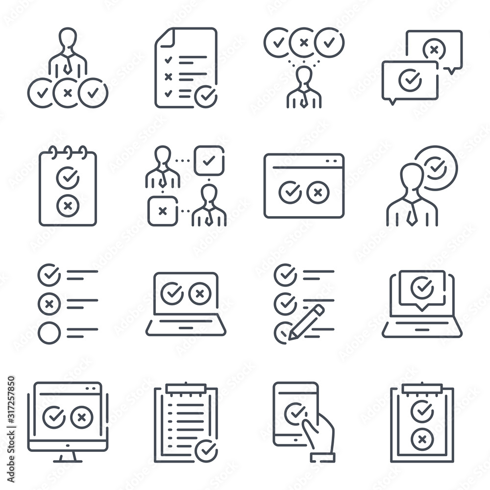 Poster survey related line icon set. checklist vector linear icon collection. quiz and feedback report outl