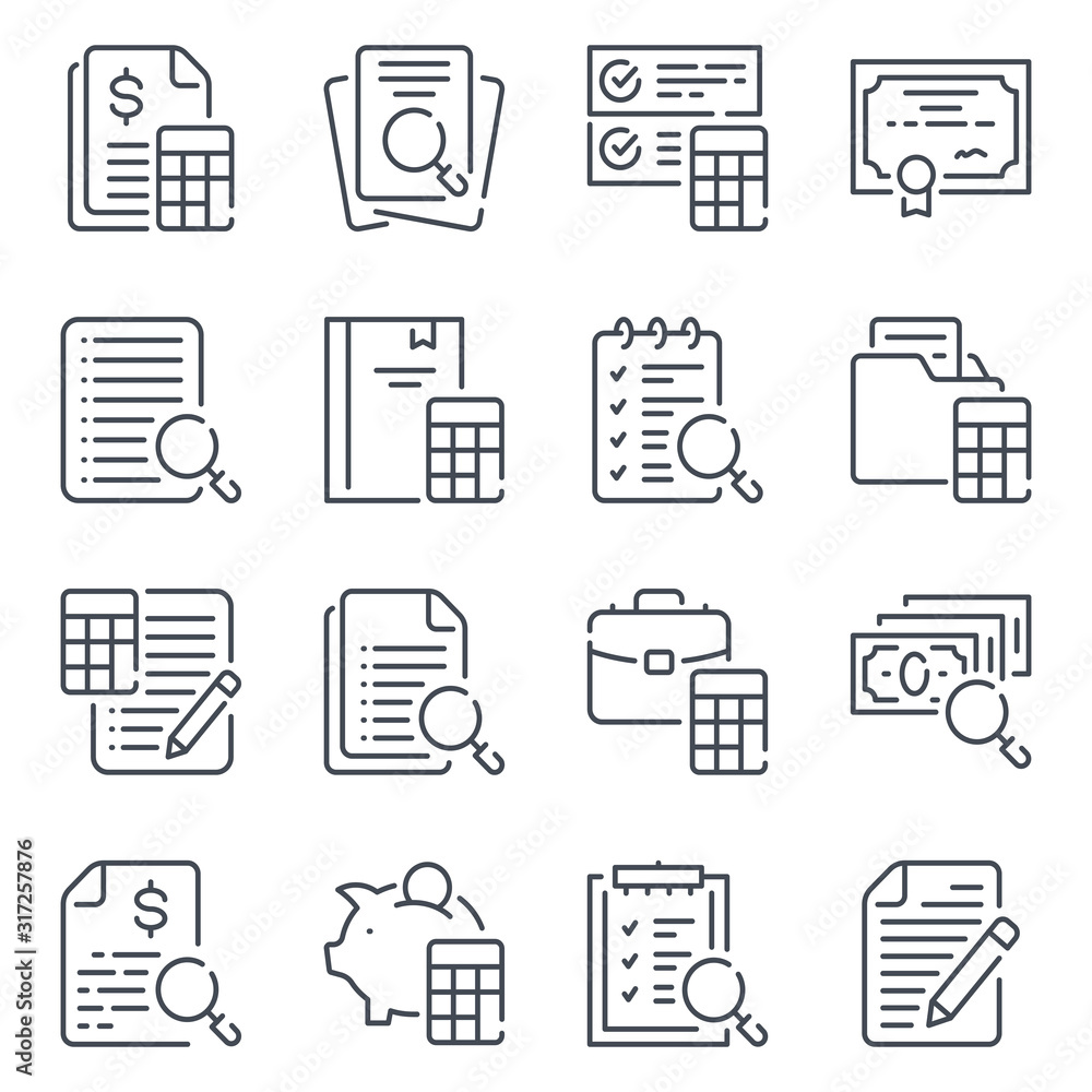 Aufkleber accounting and auditing related line icon set. calculations linear icons. finance review outline vec