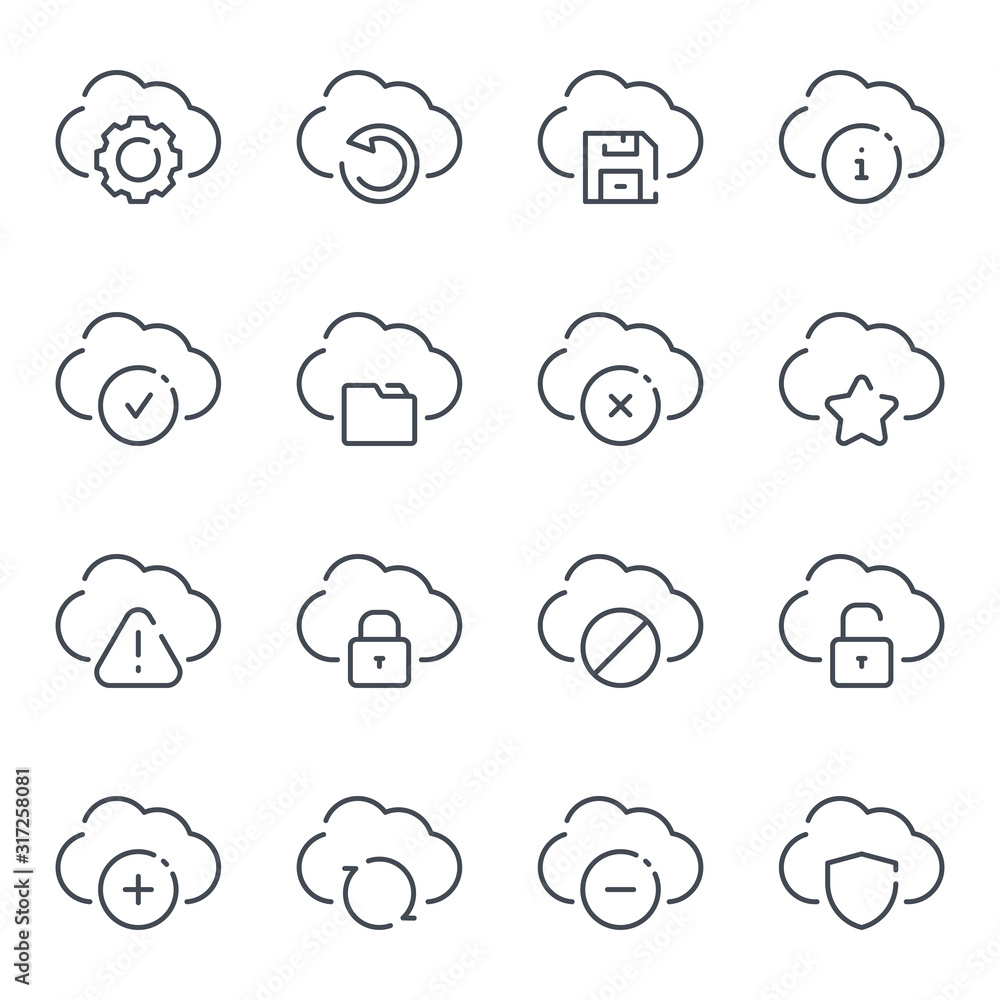 Poster cloud service and technology line icons. cloud network and data vector linear icon set.