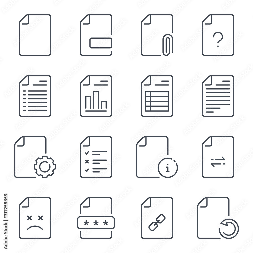 Poster file and document related line icons. docs and file management vector linear icon set.
