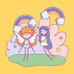 happy valentines day, cute girl and cupid with wings hearts rainbows stars decoration