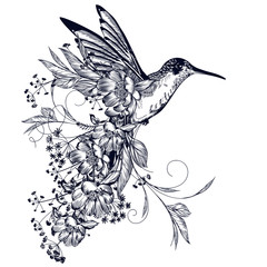Elegant vector hummingbird with flowers and flourishes in vintage style - 317259284