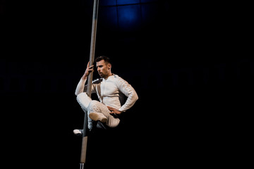 handsome and strong acrobat with hand on hip performing on metallic pole