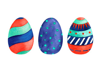 Watercolor Happy Easter set with multicolor painted eggs. Three hand drawn colorful elements in trend colors for holiday design and decoration isolated on white background