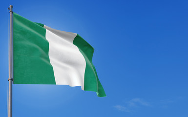 Nigeria flag waving in the wind against deep blue sky. National theme, international concept. Copy space for text.