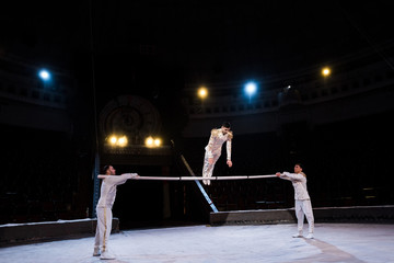 flexible gymnast exercising on pole near acrobats in circus