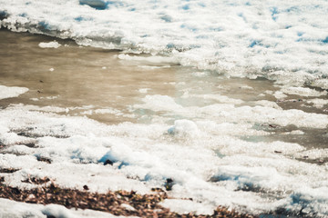 Melting white snow from the warmth of spring days.