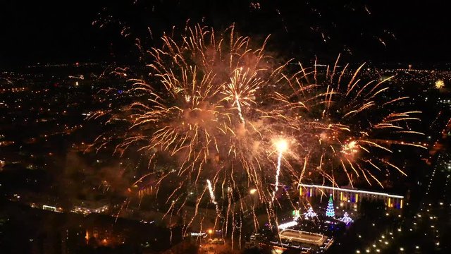 New Year fireworks at night. Aerial view.