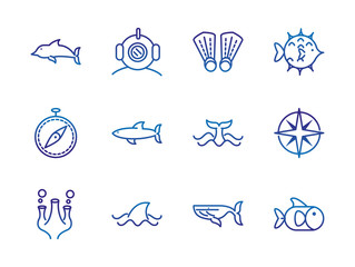 marine life nautical sea animals and equipment thick line blue icons