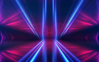Fototapeta na wymiar Abstract dark background with blue and pink neon glow. Neon light lines. Show empty stage background